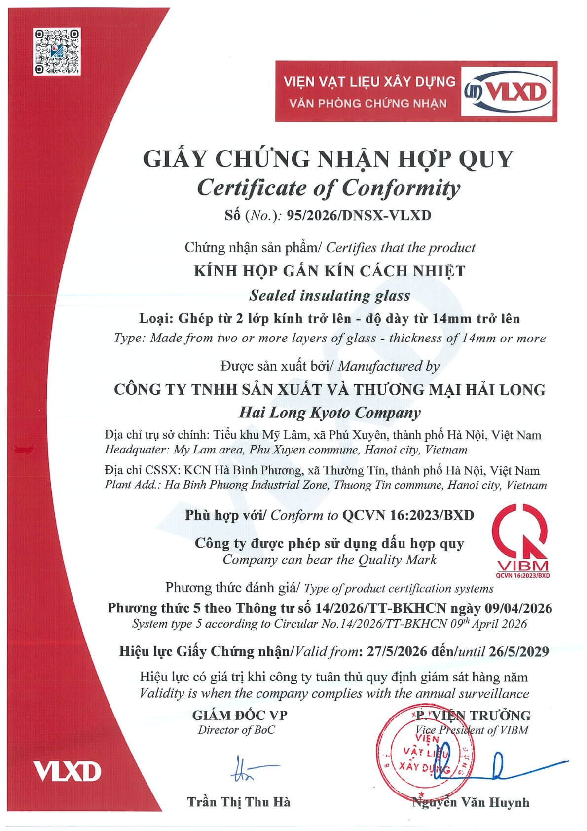 Giấy chứng nhận hợp quy kính hộp gắn kín cách nhiệt của Công ty Hải Long Kyoto
